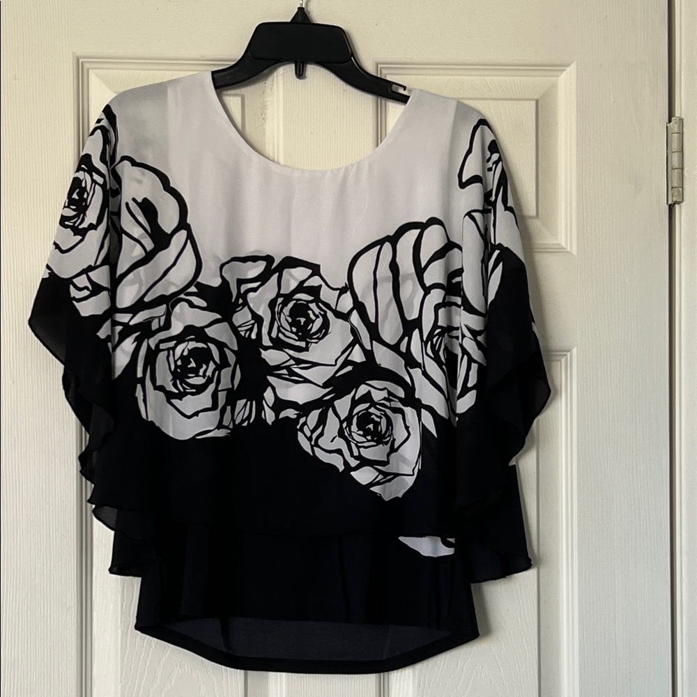 Chic Black and White Floral Poncho Blouse